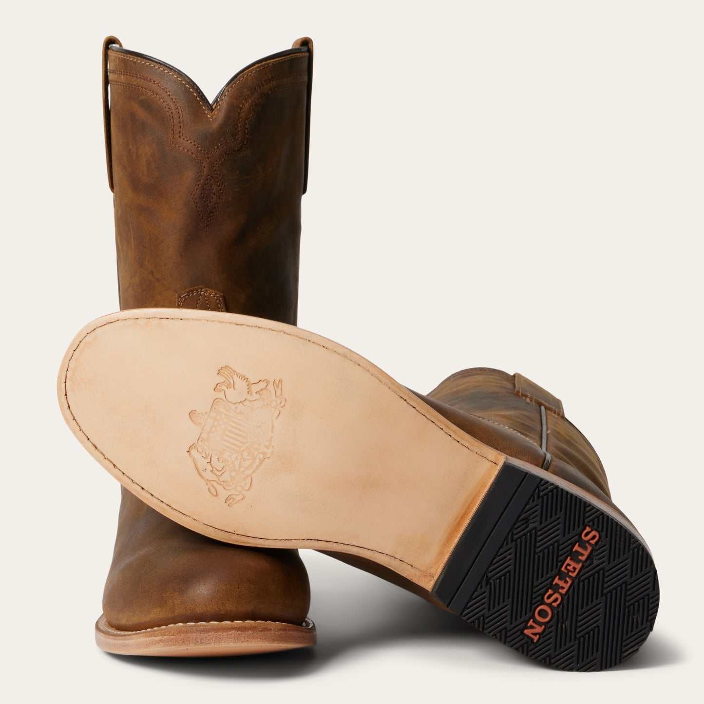 Men's Stetson Puncher Leather Roper Boots handcrafted tan with 10-inch shaft and full welt sole construction