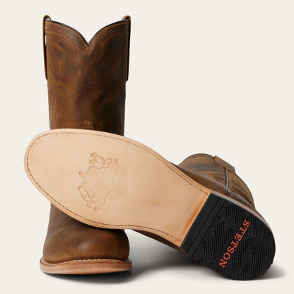 Men's Stetson Puncher Leather Roper Boots handcrafted tan with 10-inch shaft and full welt sole construction