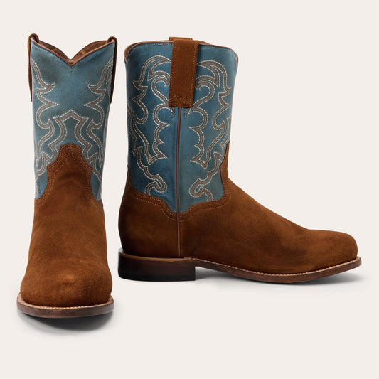 The Mens Stetson Weston Leather Boots by Stetson Boots feature handcrafted brown leather, a roper toe, low heel, light blue shaft with white stitching, and pull tabs—a classic American style.