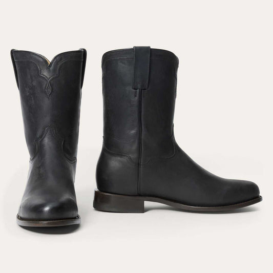 Men's Stetson Puncher Roper Leather Boots black handcrafted round toe with 10-inch shaft