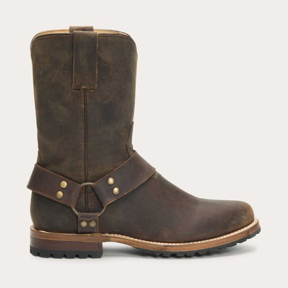 Men's Stetson Puncher Harness handcrafted brown goat leather boots with 9-inch shaft and round toe
