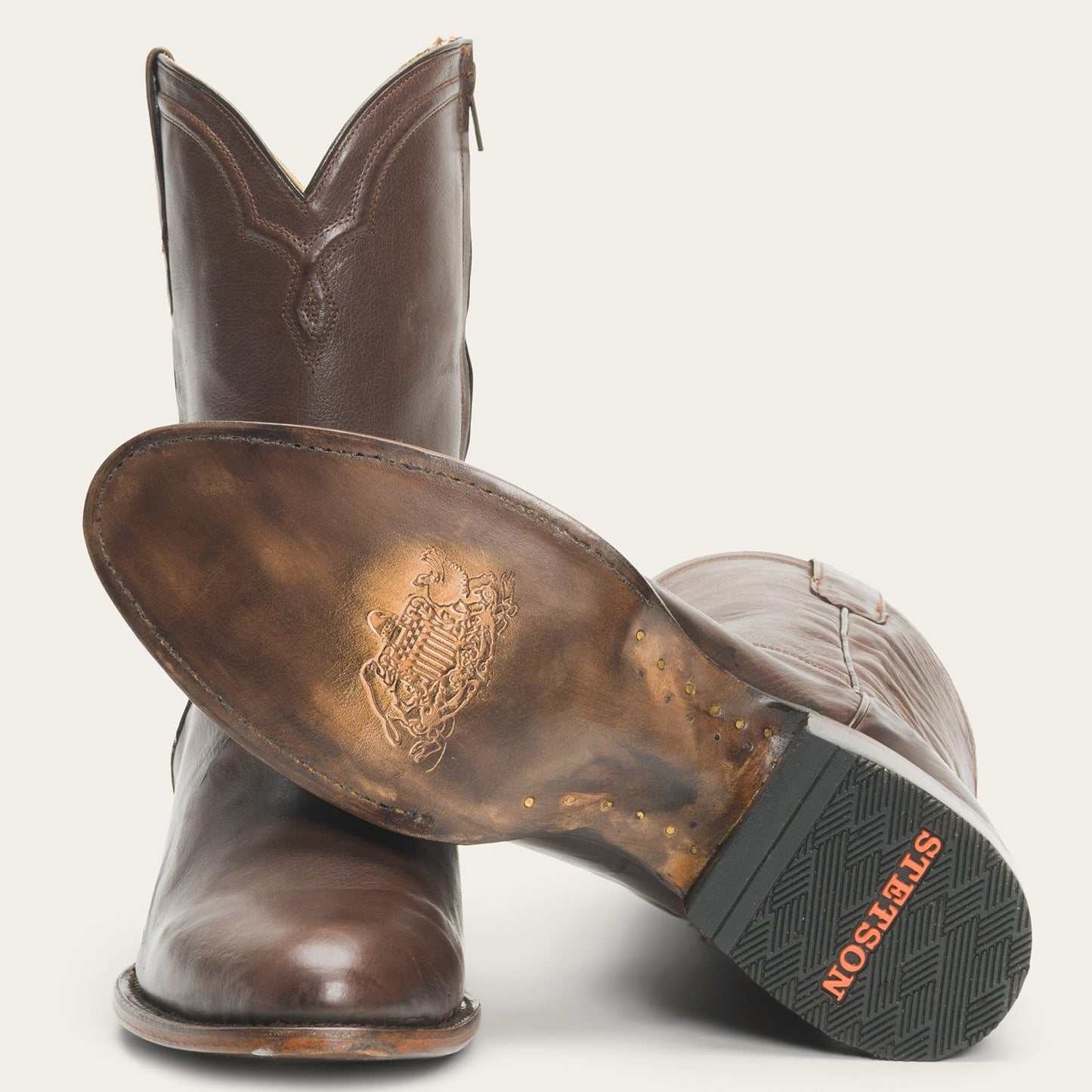 Men's Stetson Rancher Zip handcrafted brown leather boots with side zipper and wide toe
