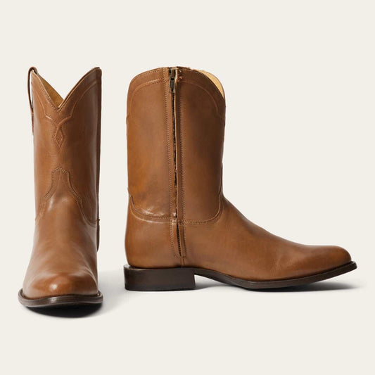 Men's Stetson Rancher Zip Leather Roper Boots in burnished cognac with side zipper and wide toe