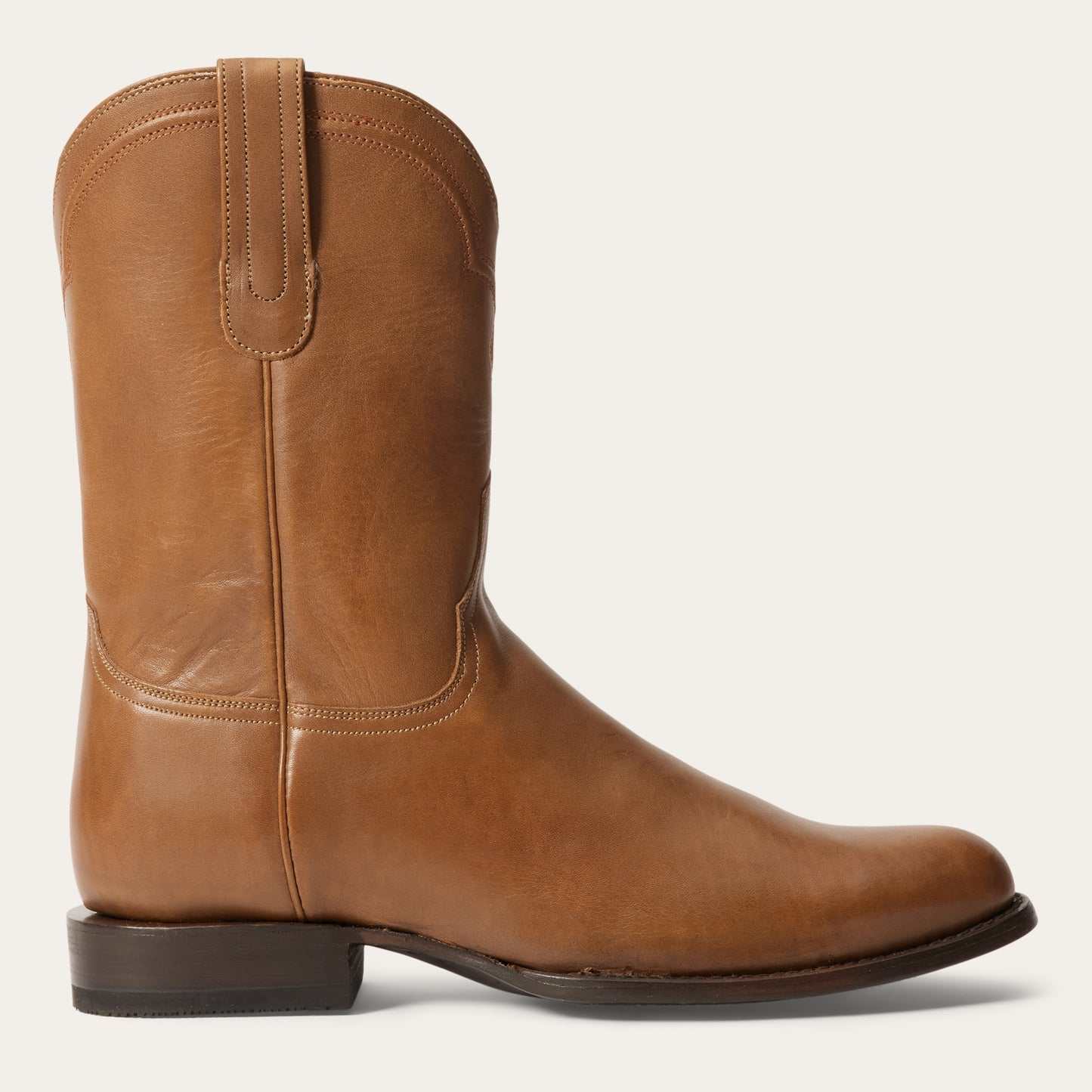 Men's Stetson Rancher Zip Leather Roper Boots in burnished cognac with side zipper and wide toe