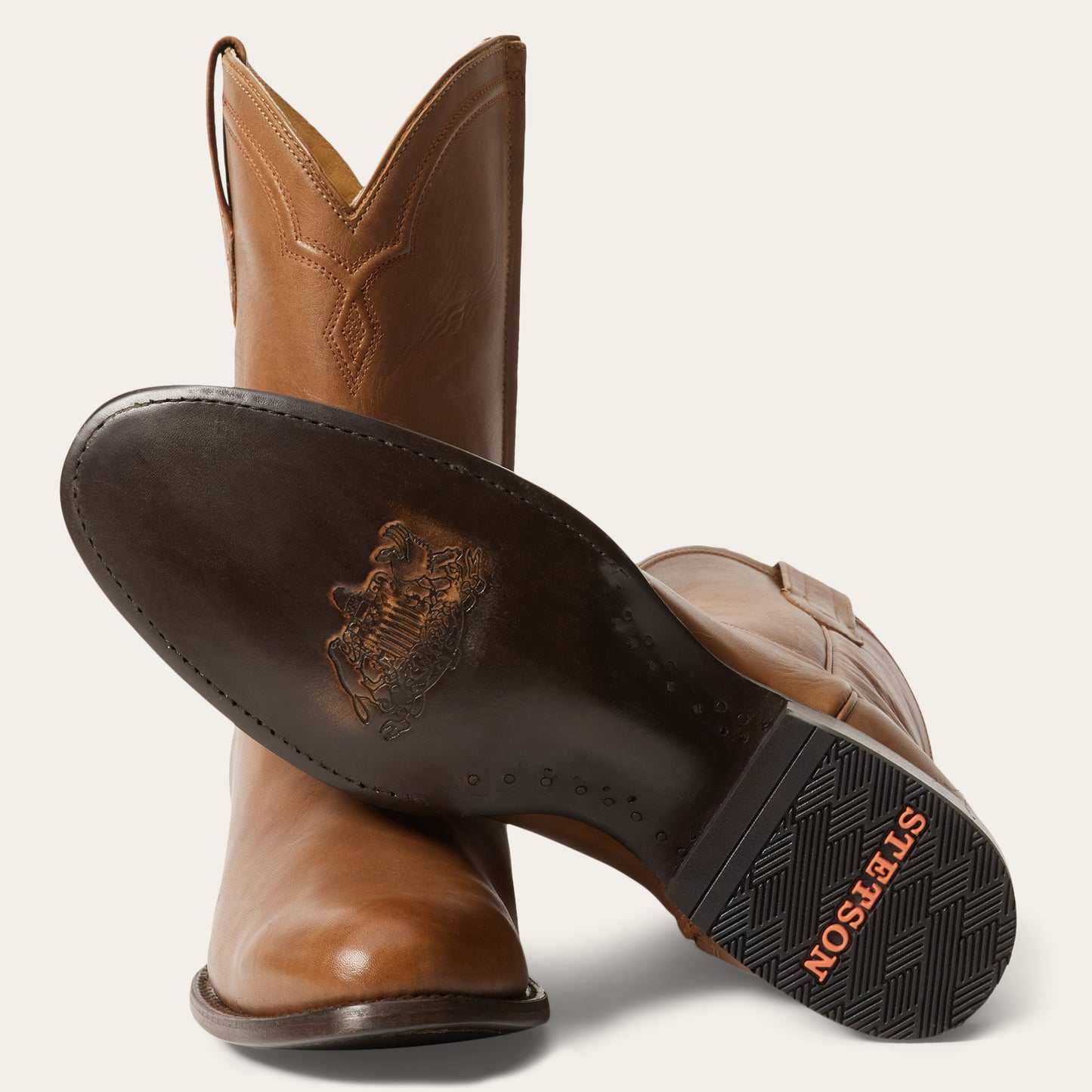 Men's Stetson Rancher Zip Leather Roper Boots in burnished cognac with side zipper and wide toe