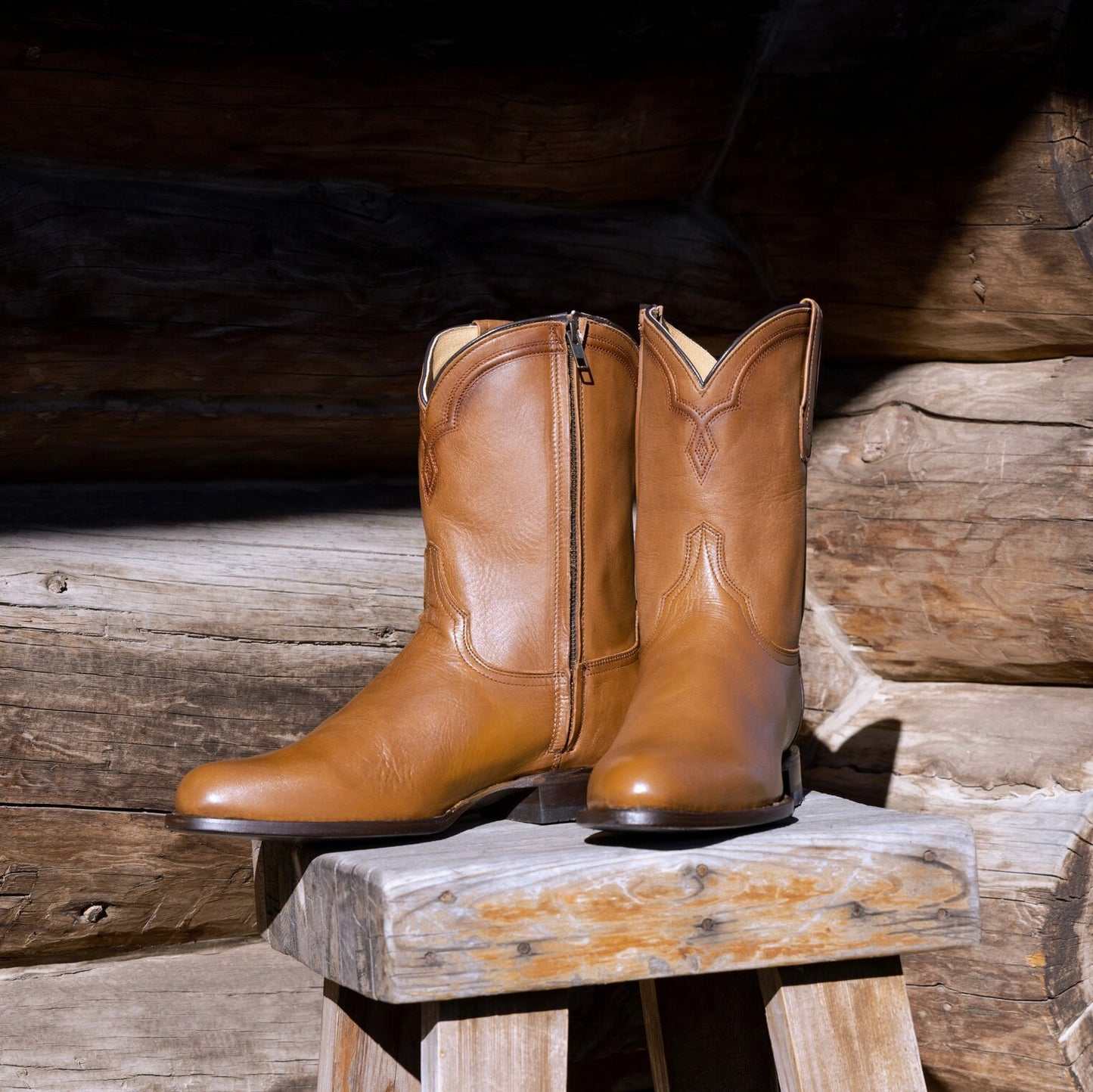 Men's Stetson Rancher Zip Leather Roper Boots in burnished cognac with side zipper and wide toe