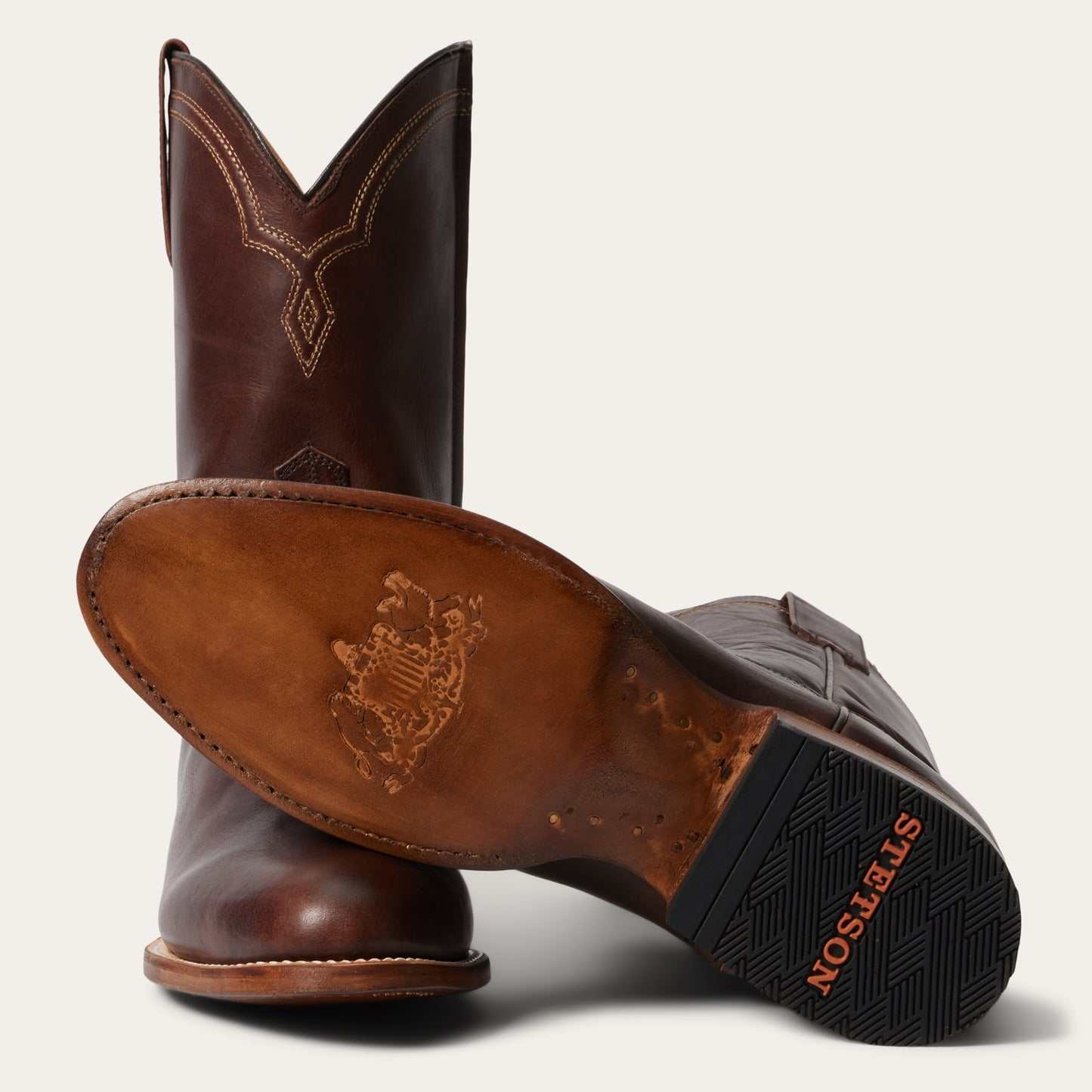 Men's Stetson Rancher handcrafted brown leather roper boots with side zipper and wide toe