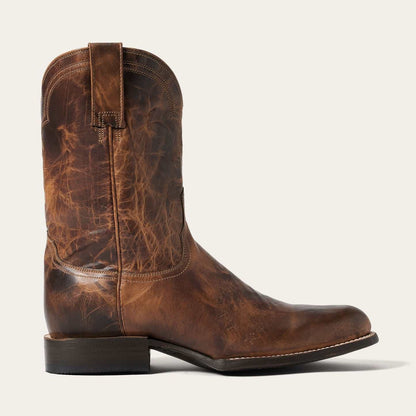 Men's Stetson Rancher Zip Leather Roper Boots in oily cognac with side zipper and wide R toe