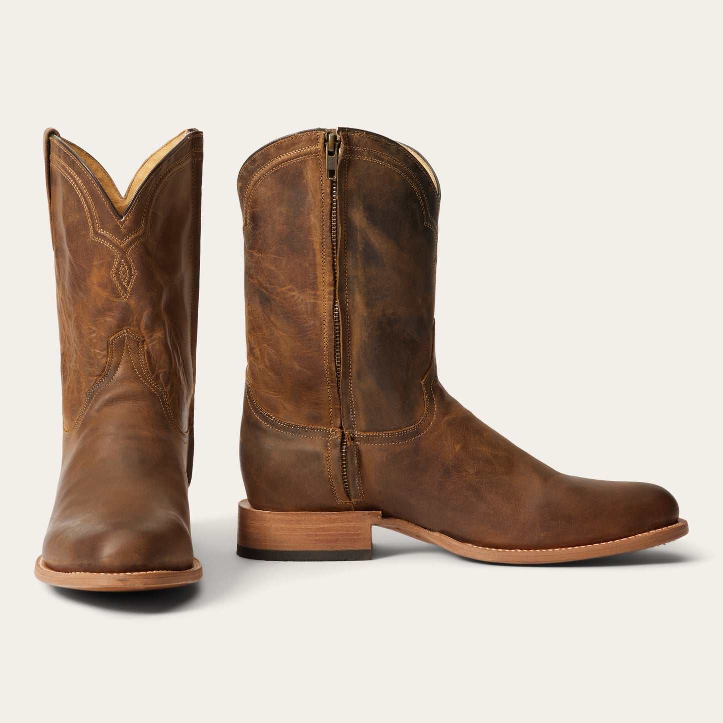 Men's Stetson Rancher Zip Leather Roper Boots handcrafted brown with side zipper and wide R toe