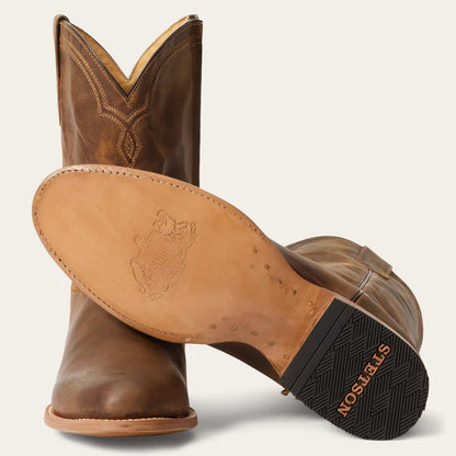 Men's Stetson Rancher Zip Leather Roper Boots handcrafted brown with side zipper and wide R toe