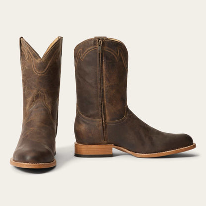 Men's Stetson Roughstock Zip Leather Boots handcrafted oiled tan with side zipper and corded shaft