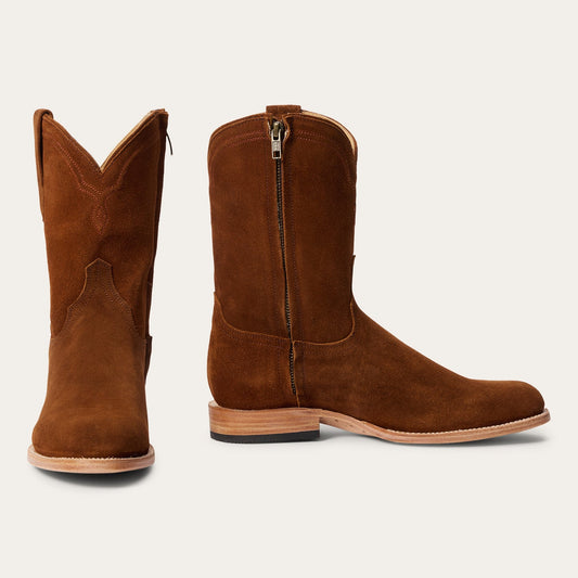 The Mens Stetson Rancher Zip Roper Leather Boot by Stetson Boots features a handcrafted round toe, cognac leather, mid-calf shaft, pull tabs, and light wooden heel—showcasing authentic American style against a white background.