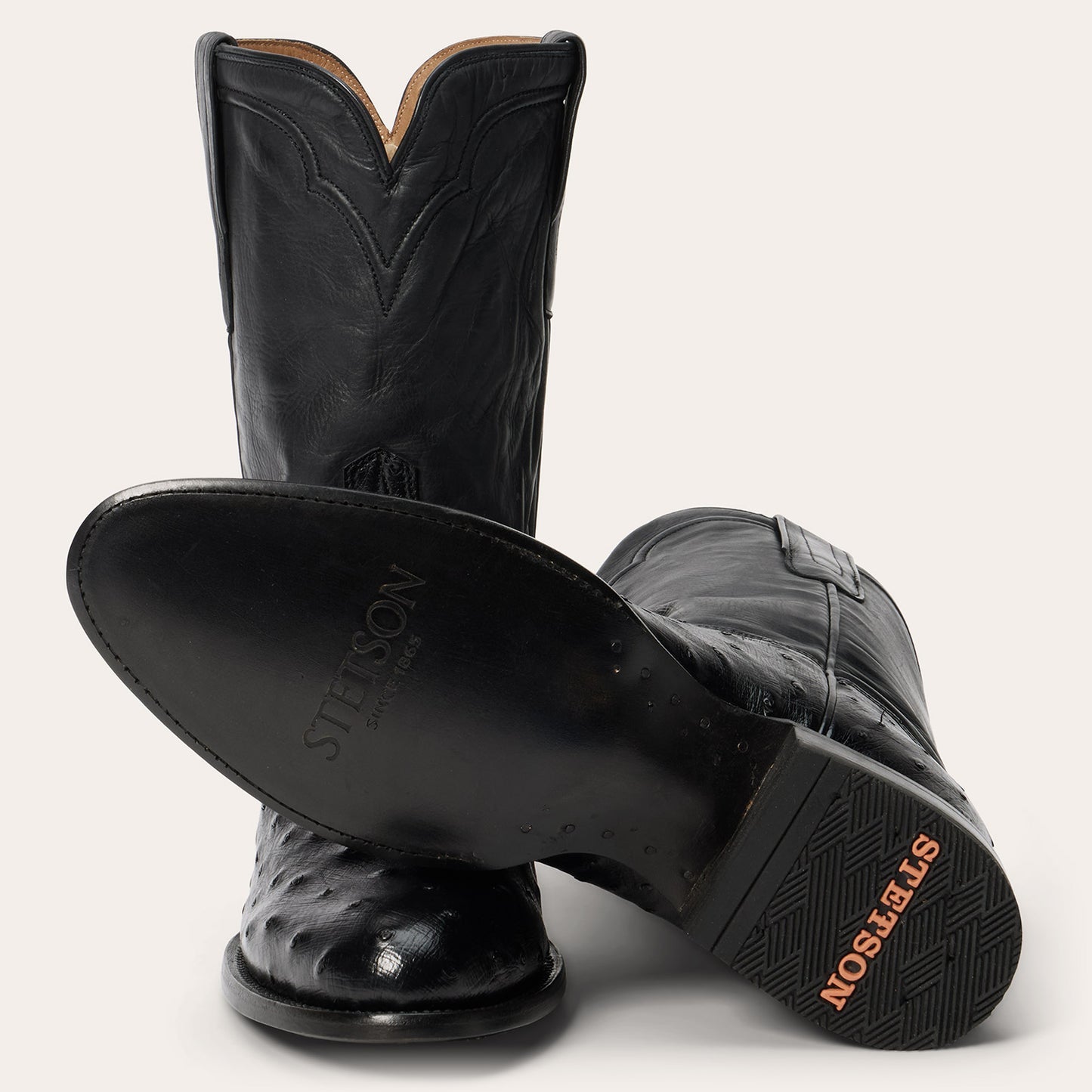 Men's Stetson Austin Ostrich Boots Round Toe Handcrafted Black