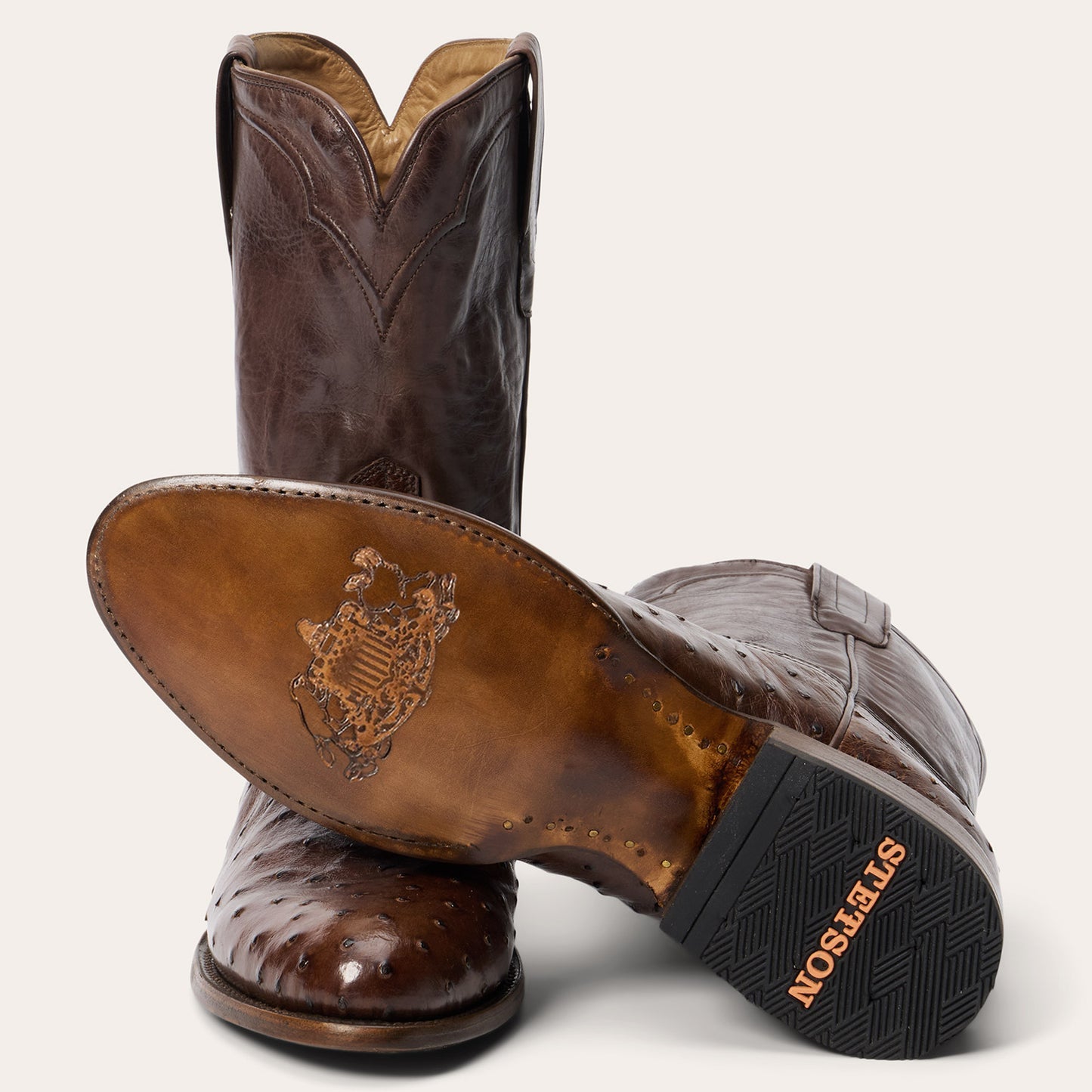 Men's Stetson Austin Ostrich Boots Handcrafted Round Toe Brown
