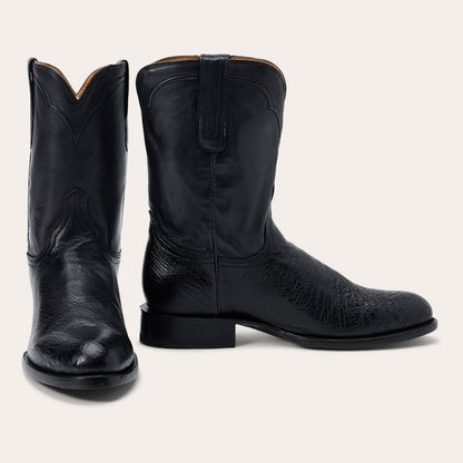 The Men’s Stetson Clay Ostrich Boots feature black leather, a round toe, and handcrafted details from Stetson Boots, photographed on a white background—a true icon of American heritage.
