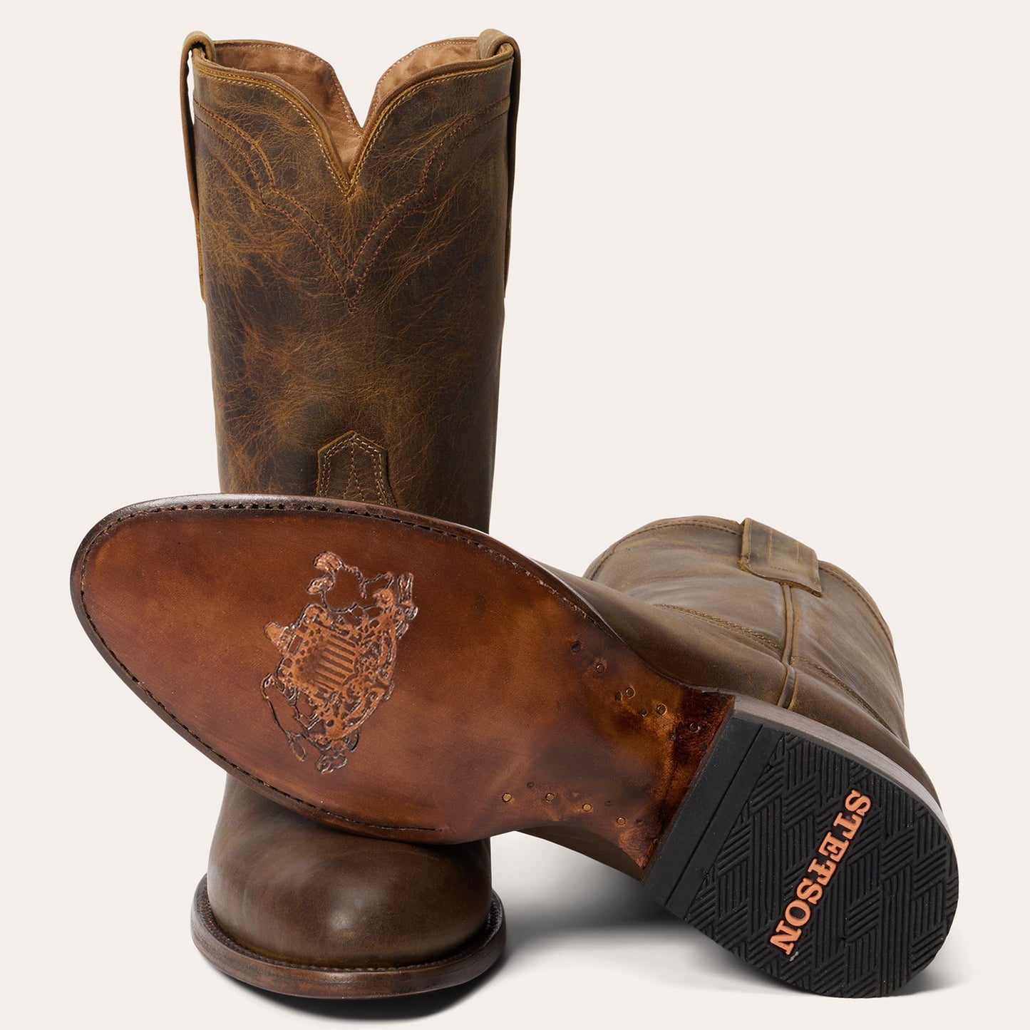 Men's Stetson Cash Roper Boots Round Toe Handcrafted Cognac
