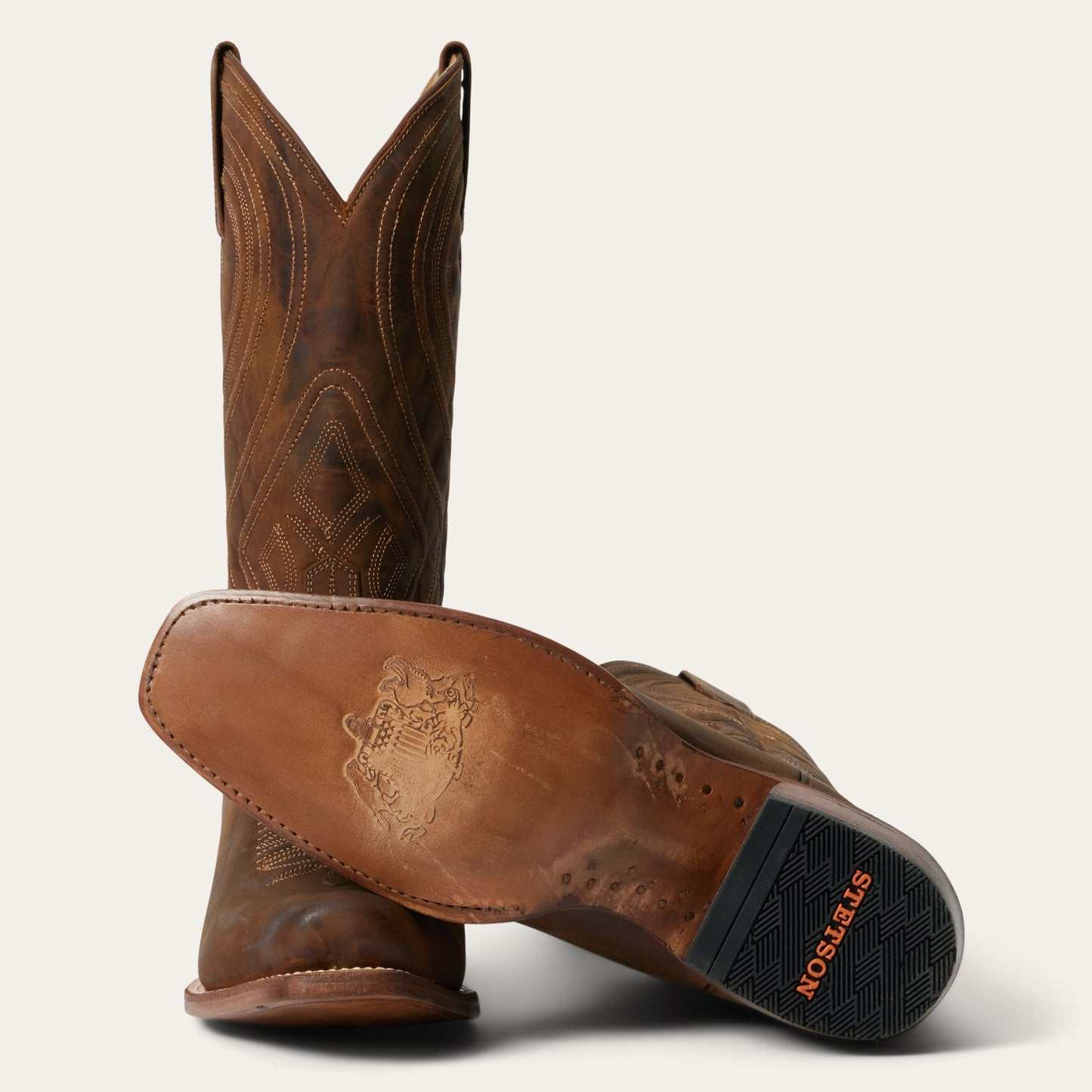 Men's Stetson Mossman handcrafted brown leather boots with corded shaft and cowboy heel