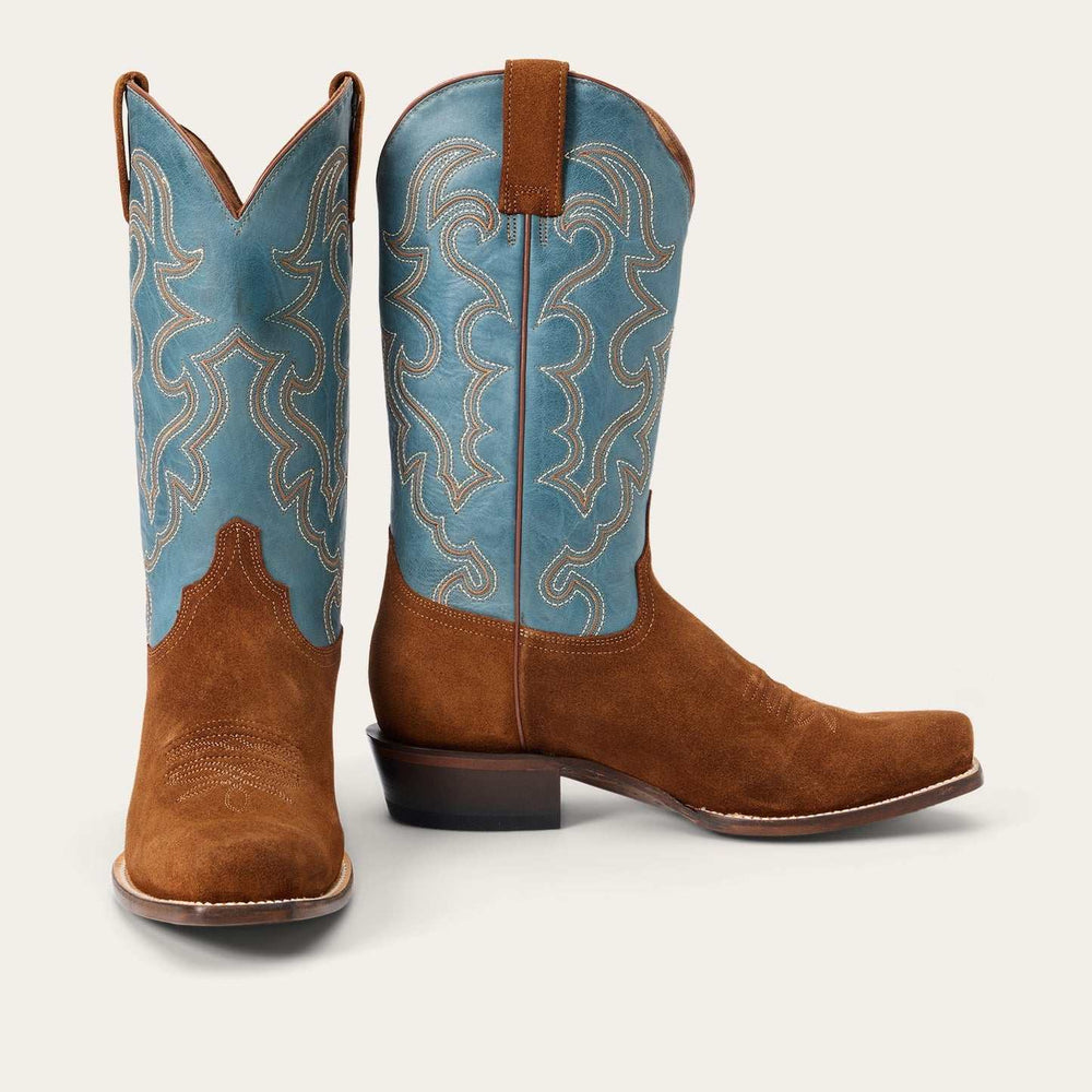 Men's Stetson Bronco Suede Boots Square Toe Handcrafted Brown