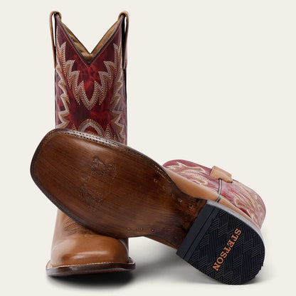 Men's Stetson Cole Boots handcrafted tan leather square toe with waxy red shaft and leather sole