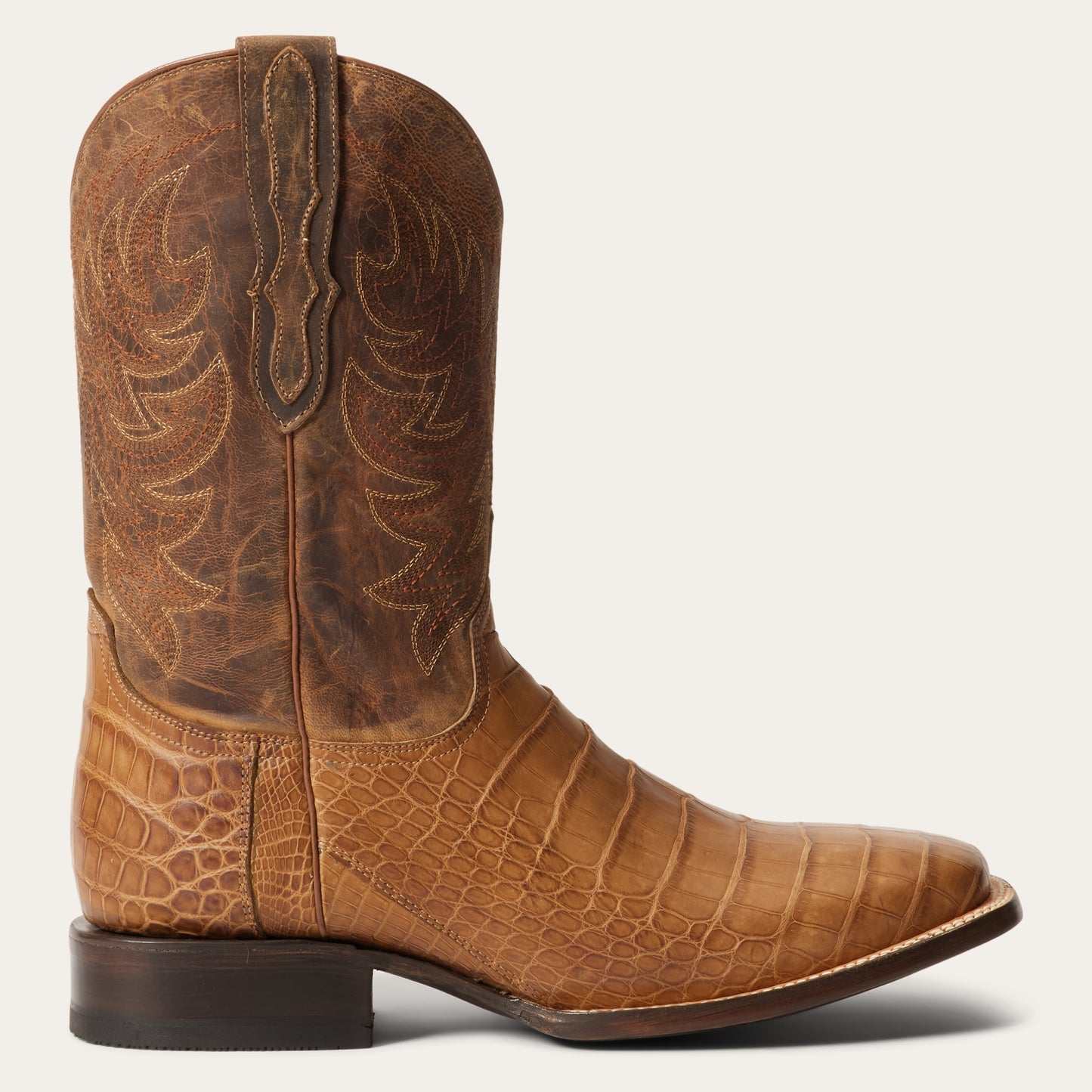 Men's Stetson Aces handcrafted oiled tan alligator boots with square toe and leather shaft