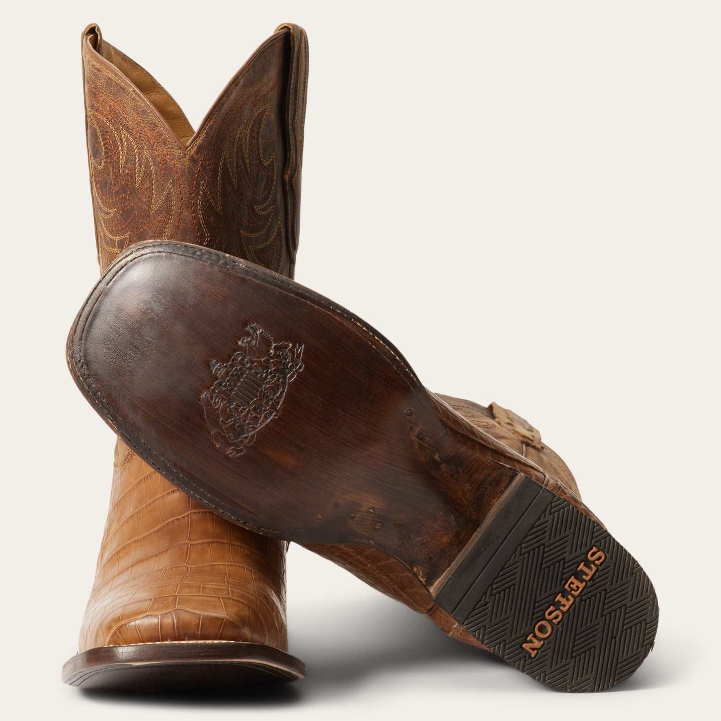Men's Stetson Aces handcrafted oiled tan alligator boots with square toe and 11" shaft