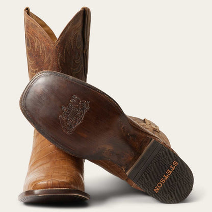 Men's Stetson Aces handcrafted oiled tan alligator boots with square toe and 11" shaft