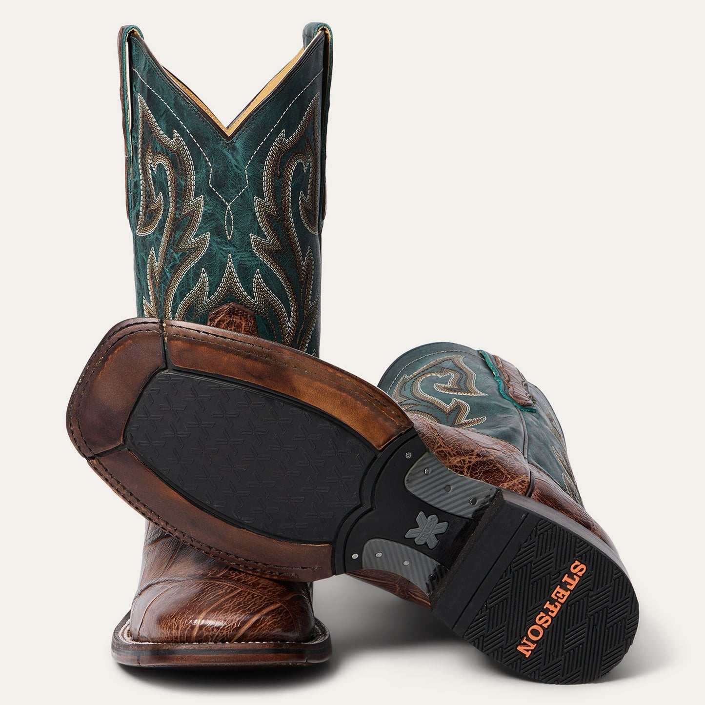 Men's handcrafted Stetson Alligator Tru-x System boots in vintage brown with waxy blue leather shaft and square toe design