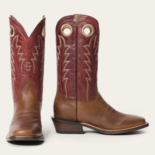 Men's Stetson Laramie handcrafted square toe brown leather cowboy boots with 13-inch shaft and pull holes