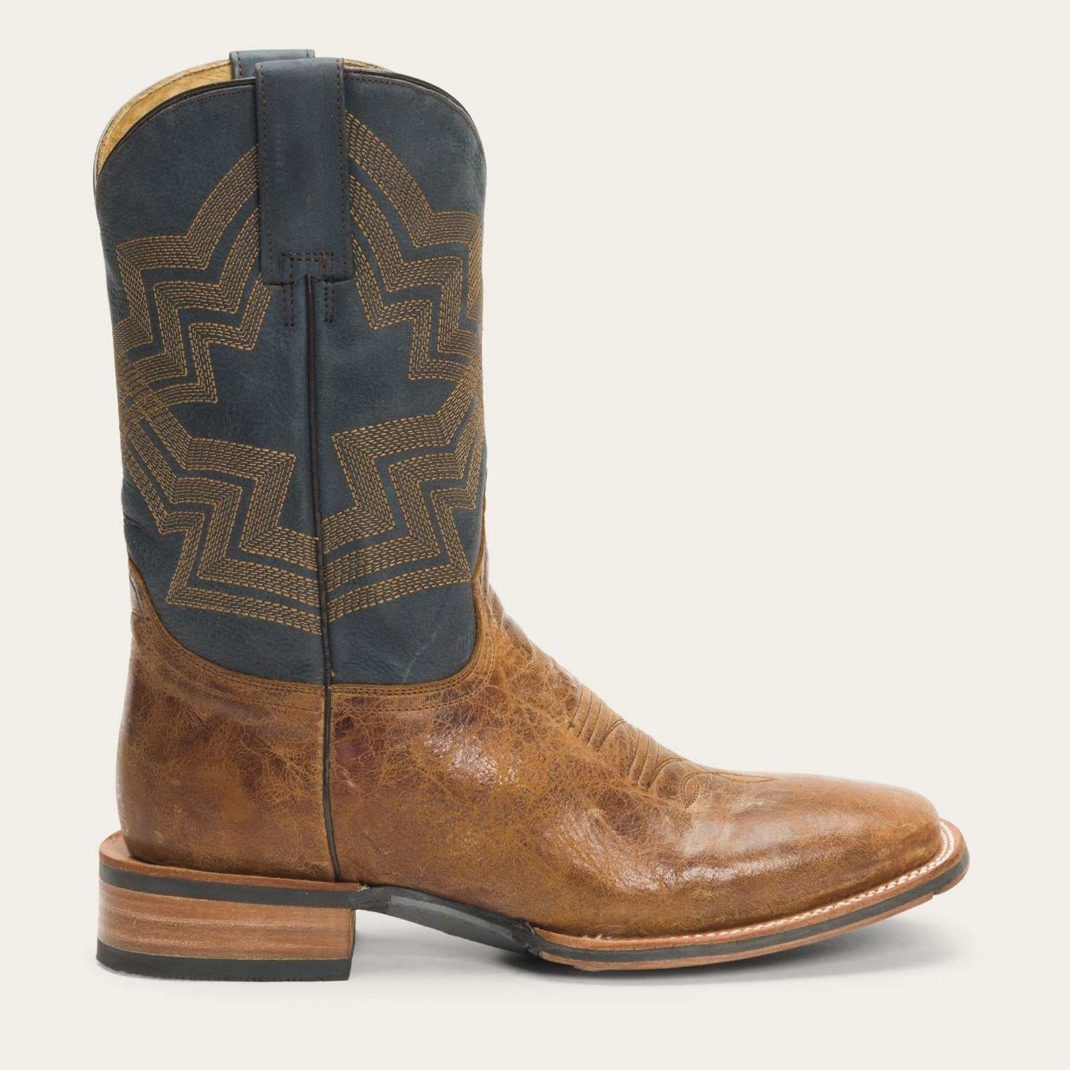 Men's Stetson Goddard handcrafted brown leather boots with waxy vamp and burnished blue shaft
