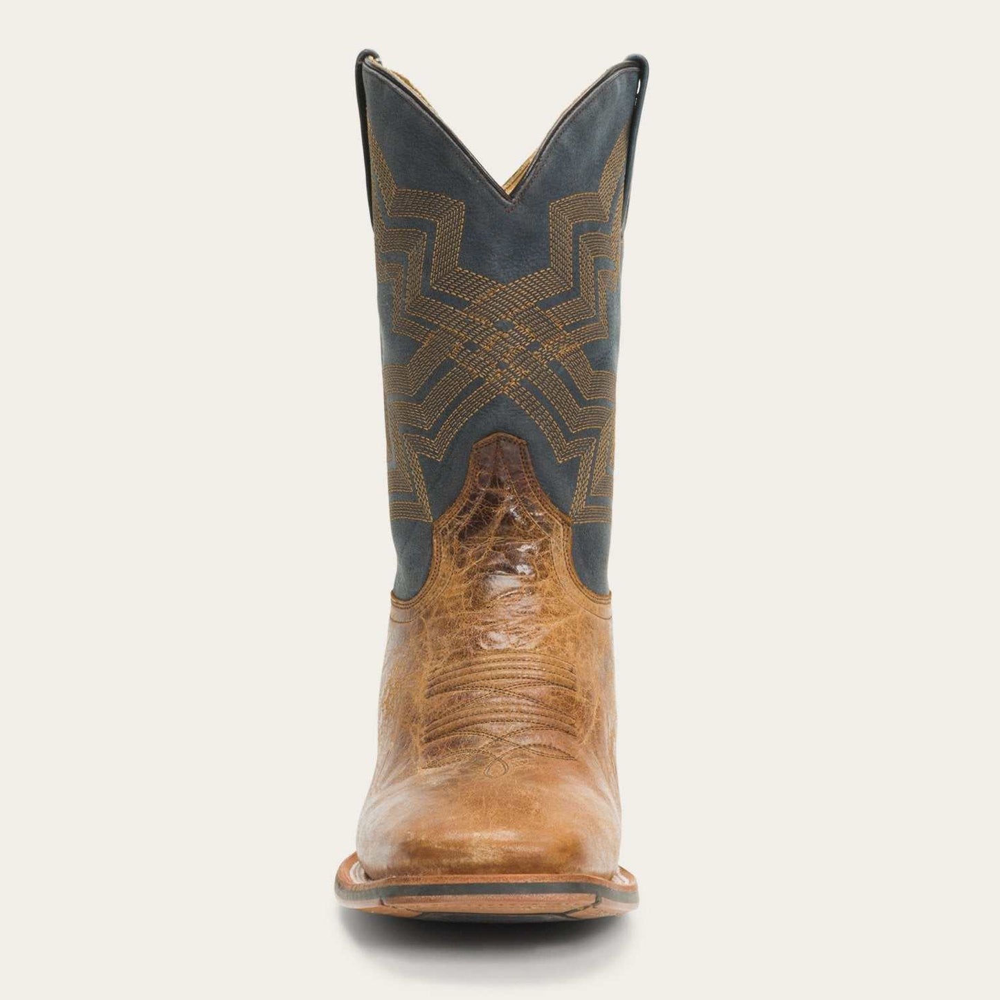 Men's Stetson Goddard brown leather handcrafted boots with blue shaft and square toe