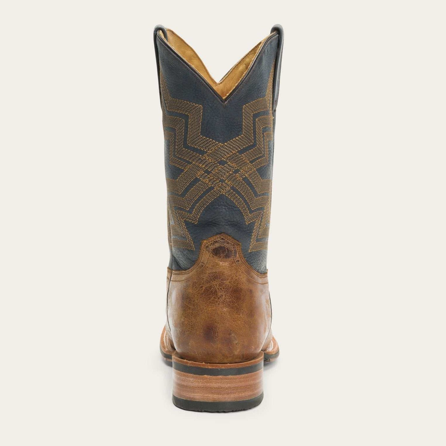 Men's Stetson Goddard handcrafted brown leather boots with waxy brown vamp and burnished blue shaft