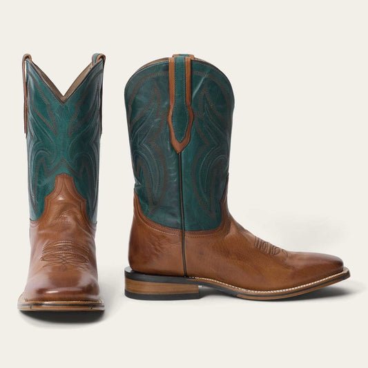 Men's Stetson Calder Leather Boots brown handcrafted square toe with turquoise shaft and leather heel