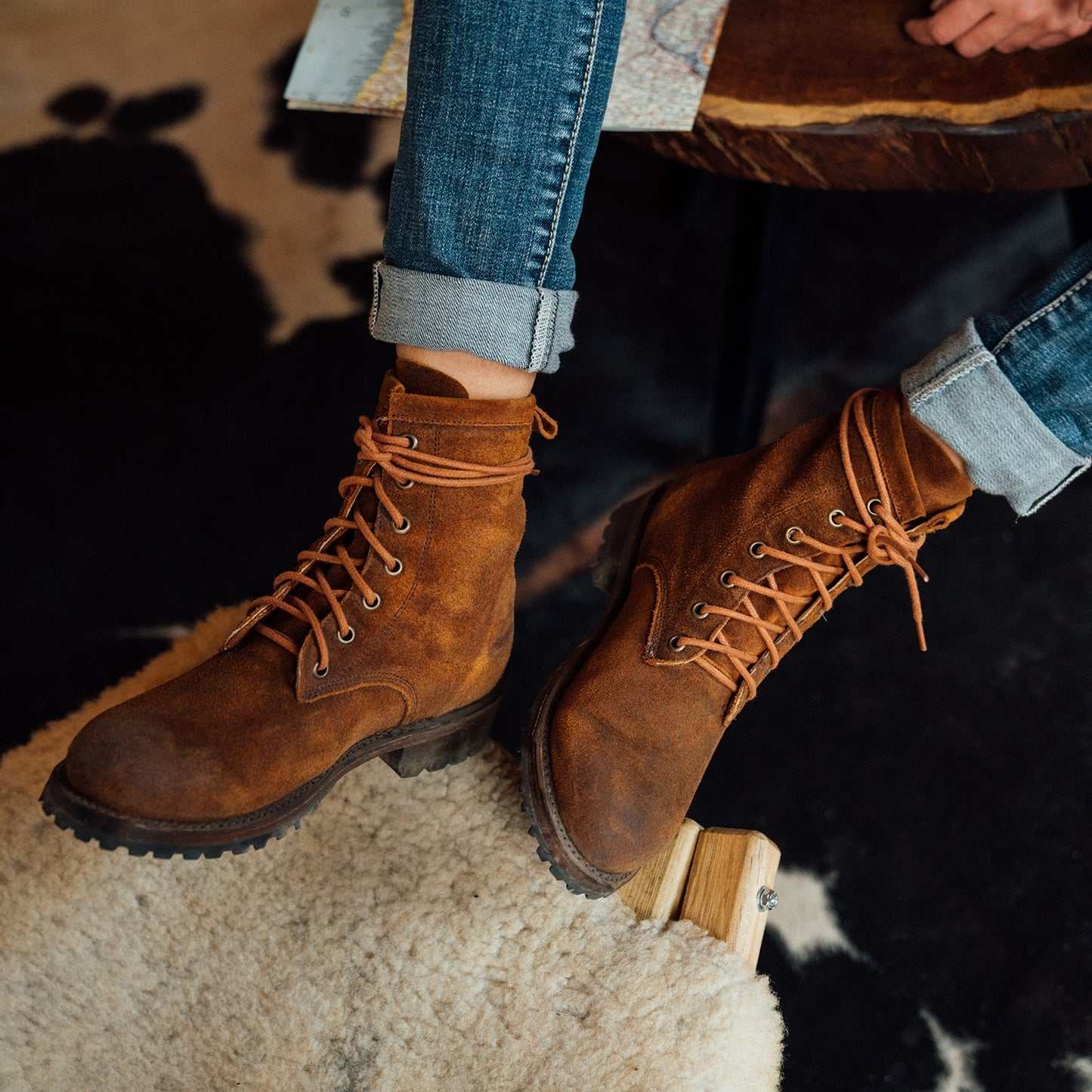 Women's Stetson Sam suede leather boots in brown with lace-up shaft and stacked heel