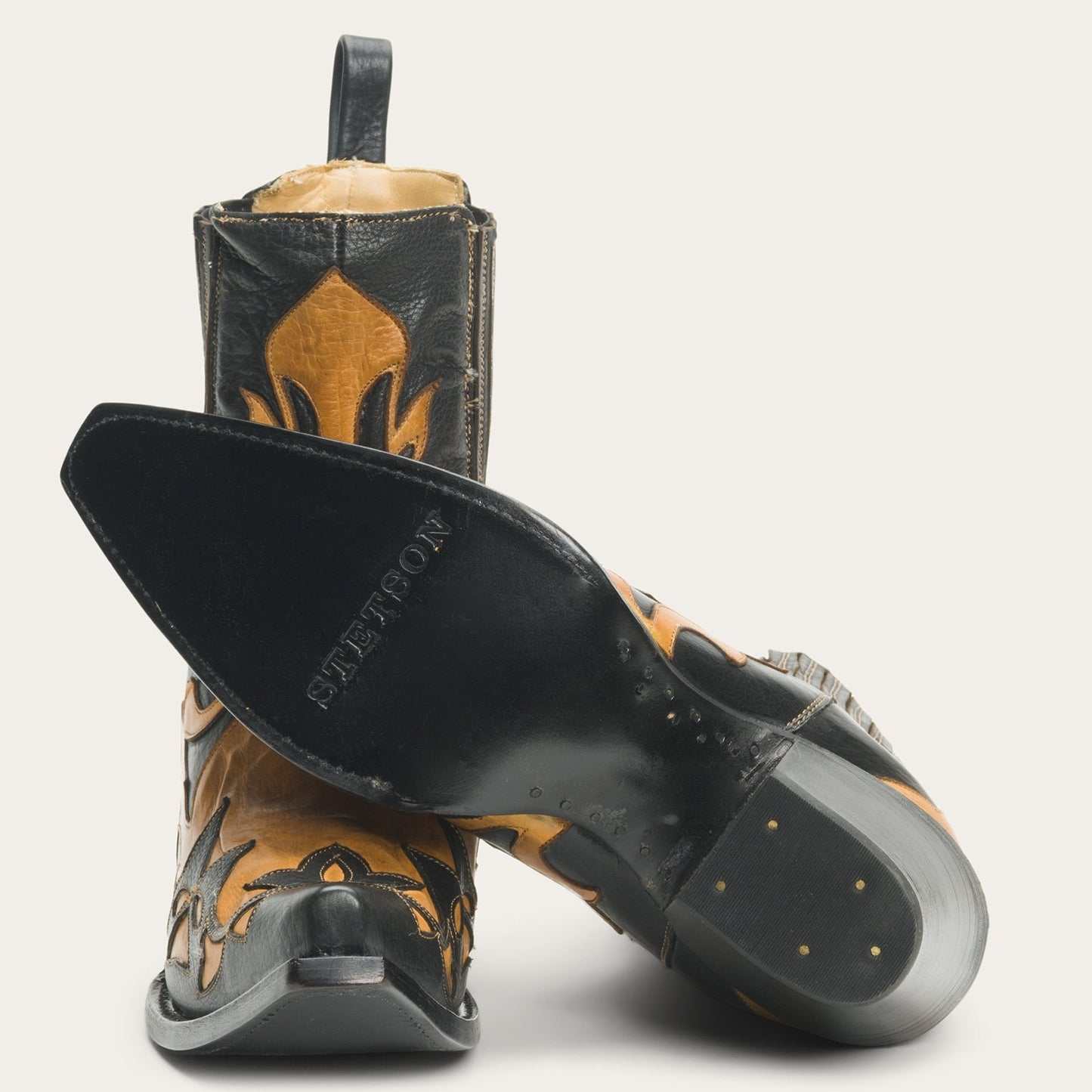 Women's Stetson Cici black leather handcrafted cowboy boots with 7-inch shaft and unique inlays