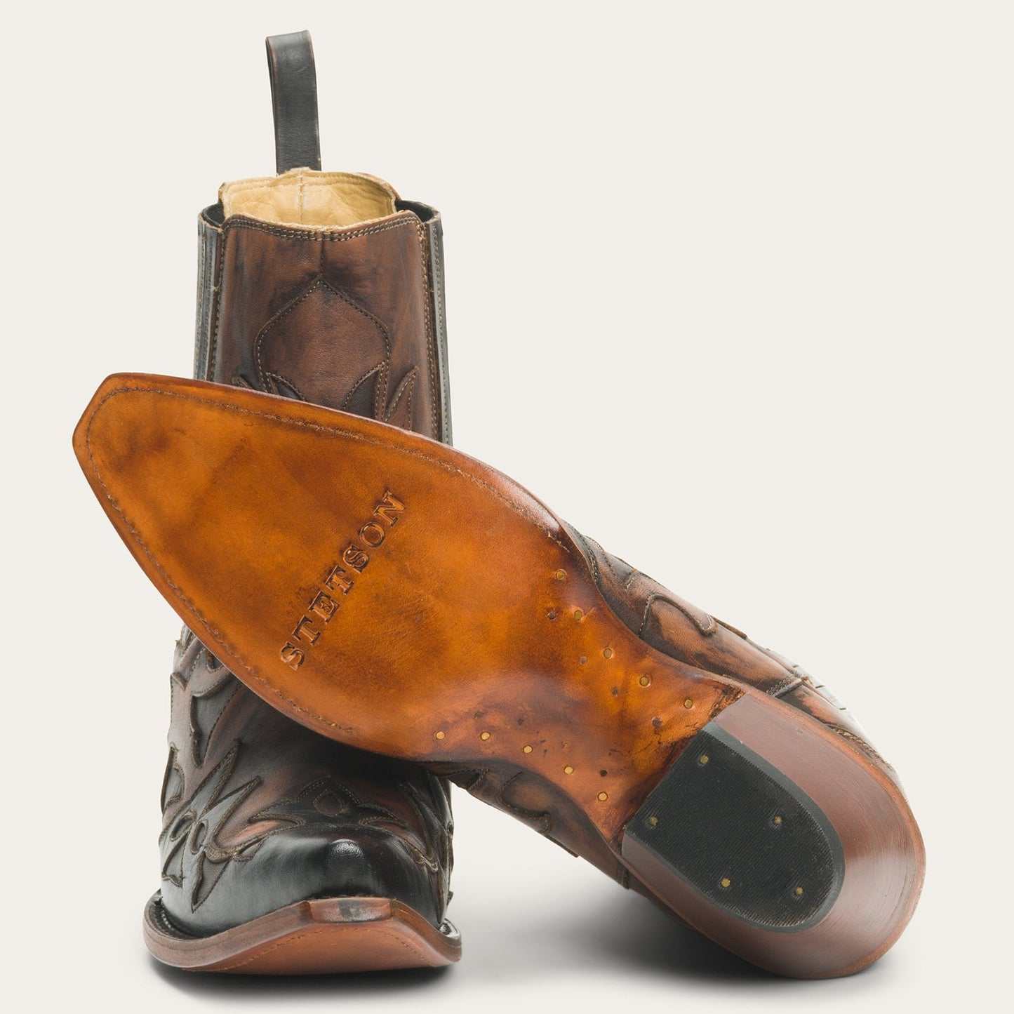 Women's Stetson Cici handcrafted brown leather cowboy boots with 7" shaft and unique inlays