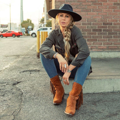 Women's Stetson Halle handcrafted brown leather boots with suede vamp, 7" shaft, and vintage finish
