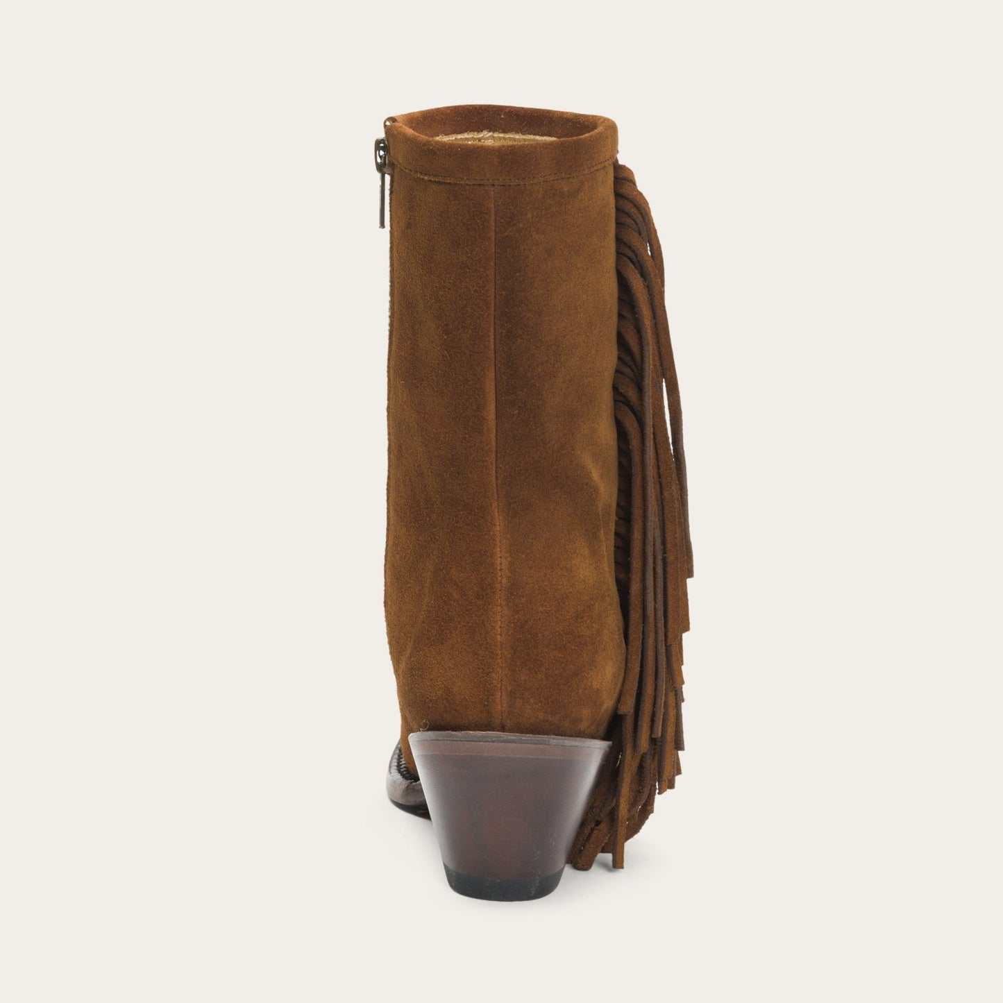 Women's Stetson Halle handcrafted brown leather boots with suede vamp, fringe heel, and stacked heel