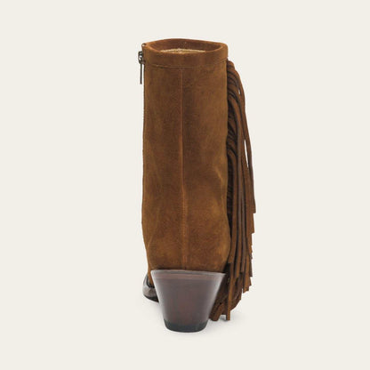 Women's Stetson Halle handcrafted brown leather boots with suede vamp, fringe heel, and stacked heel