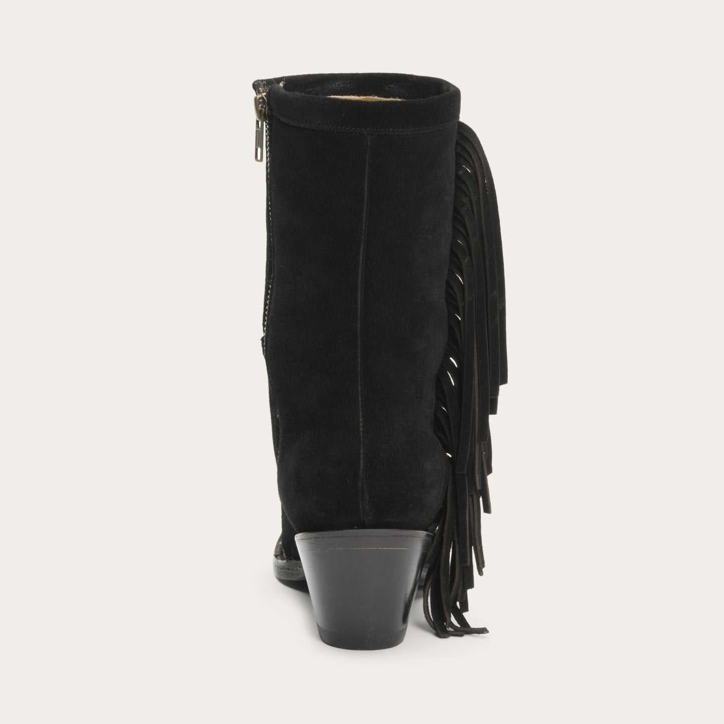 Women's Stetson Halle black leather boots with angled fringe and stacked heel