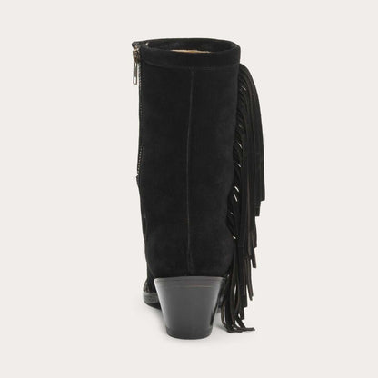 Women's Stetson Halle black leather boots with angled fringe and stacked heel
