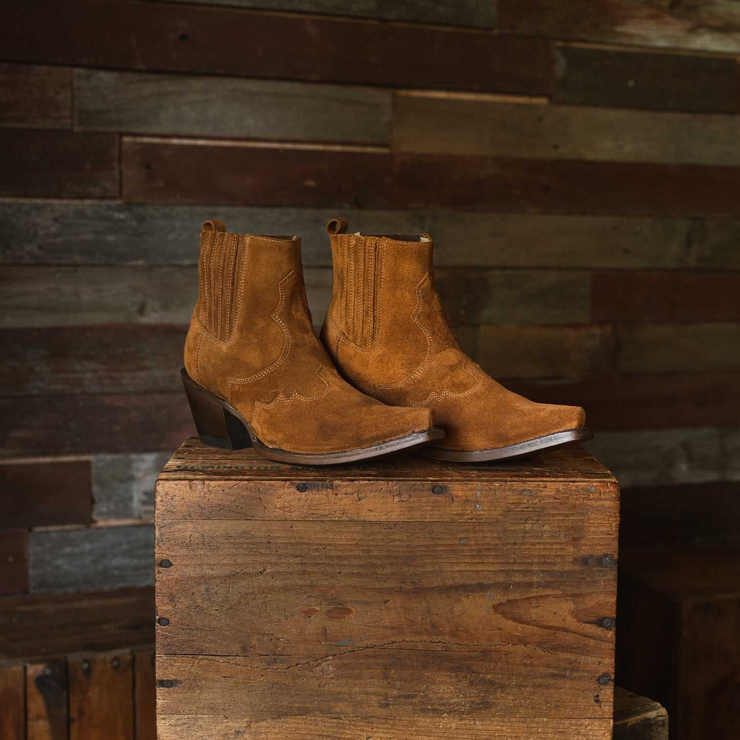 Women's Stetson June Leather Boots handcrafted brown suede wing tip with stacked heel and leather sole