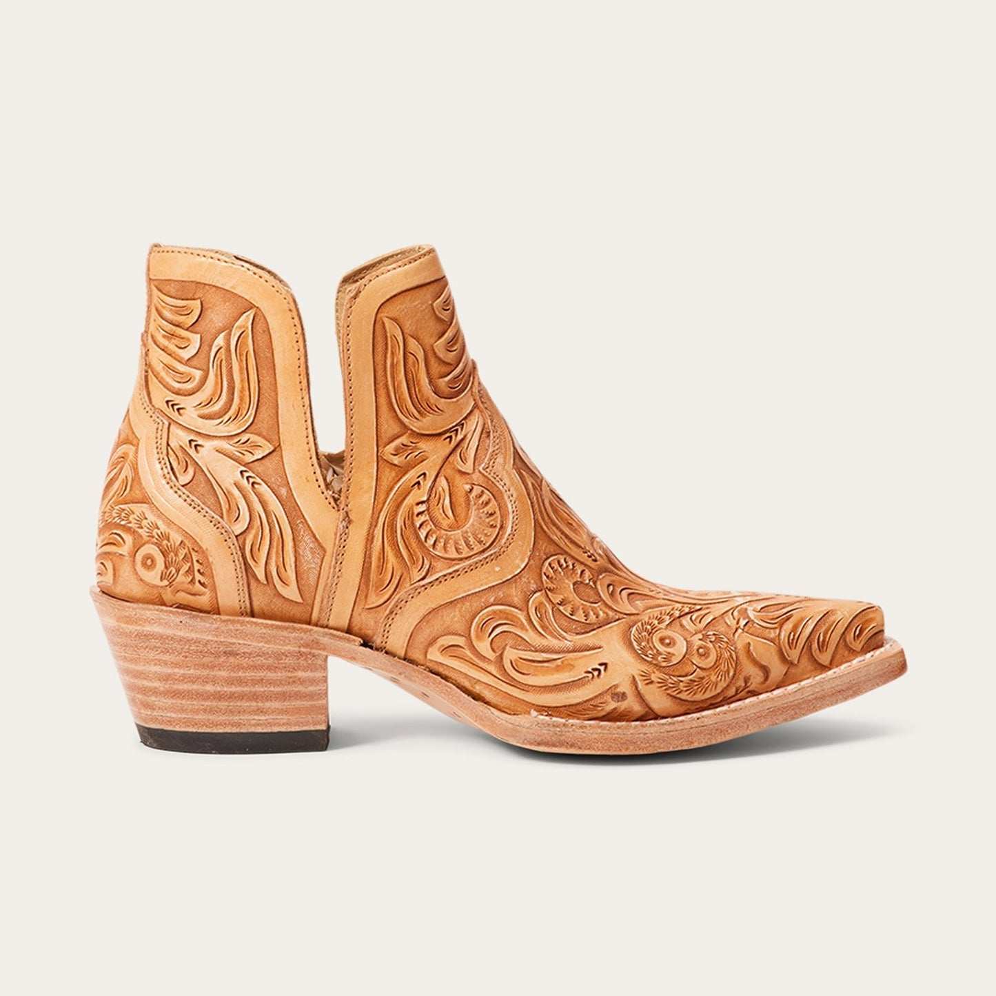 Women's Stetson Aviana leather boots in tan with hand-tooled design and stacked heel