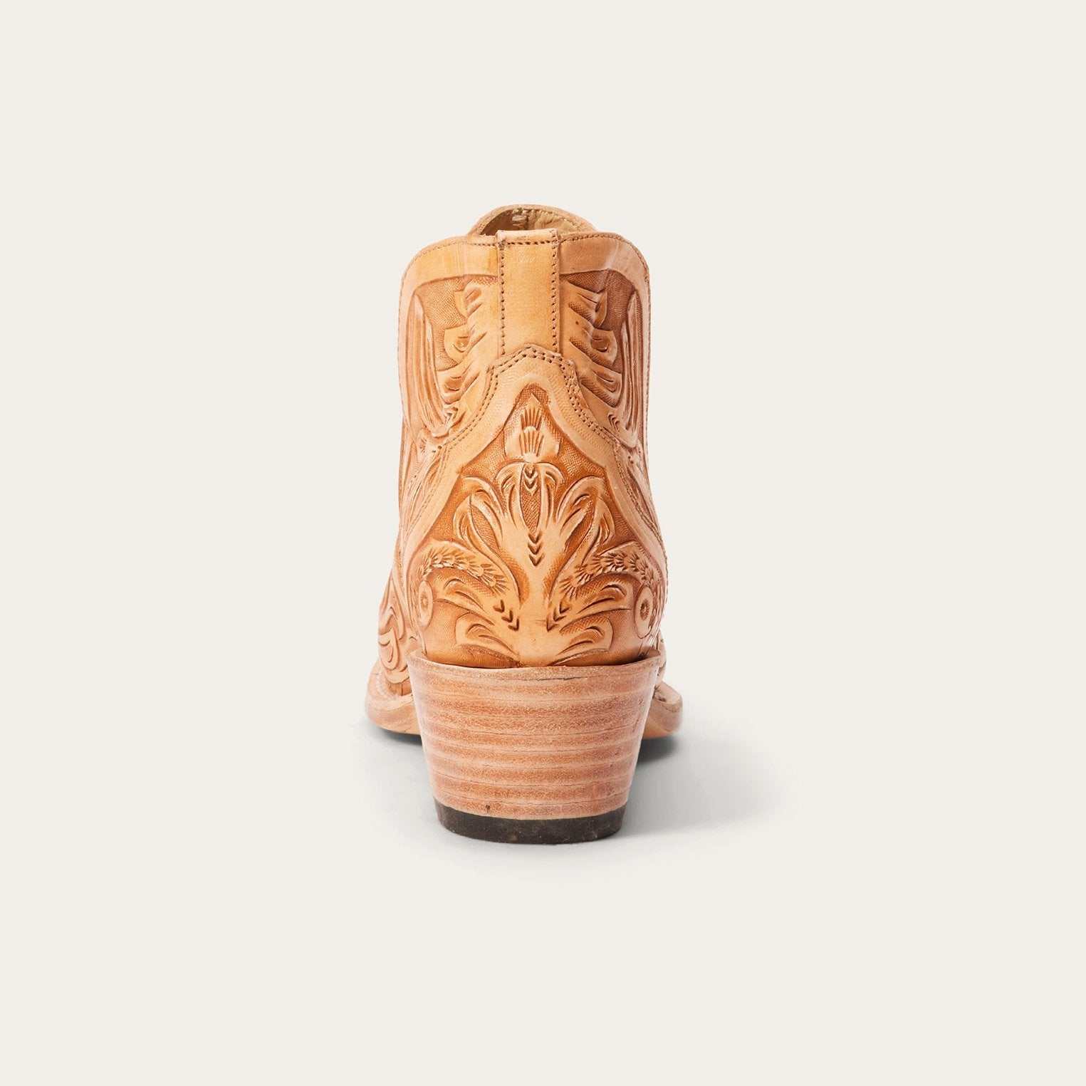 Women's Stetson Aviana Leather Boots handcrafted tan with unique hand-tooled design and stacked heel