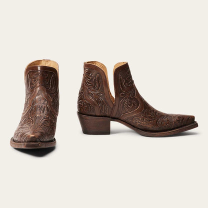 Women's Stetson Aviana leather boots in brown with handcrafted tooled design and 4-inch open side shaft