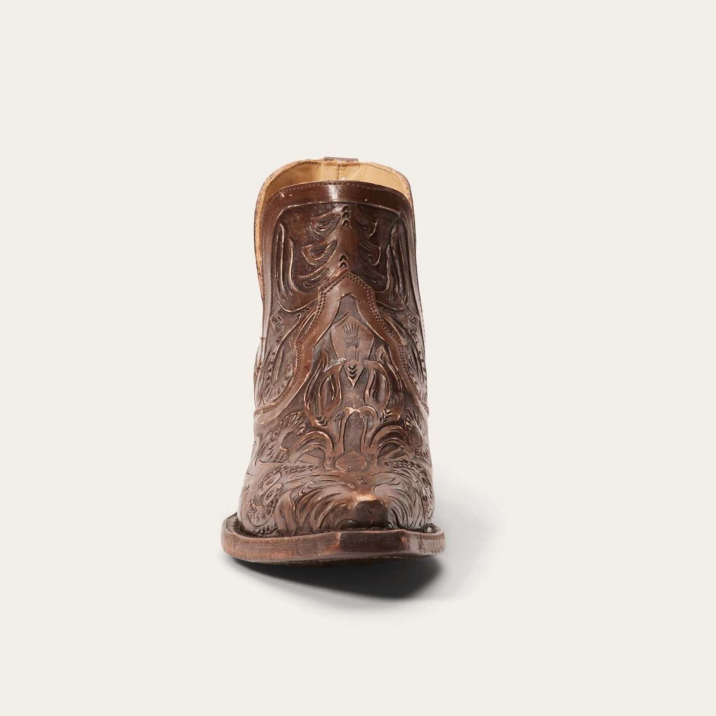 Women's Stetson Aviana handcrafted brown leather boots with unique hand-tooled design and stacked heel