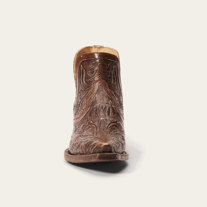 Women's Stetson Aviana handcrafted brown leather boots with unique hand-tooled design and stacked heel