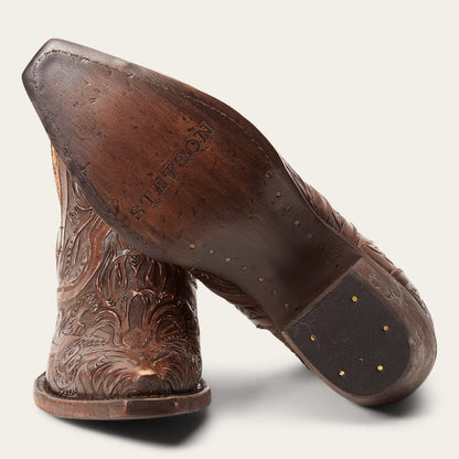 Women's Stetson Aviana leather boots in brown with hand-tooled design and stacked heel