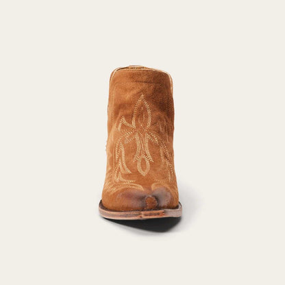 Women's Stetson Naya tan leather boots with unique embroidery, 4" open side shaft, and stacked heel
