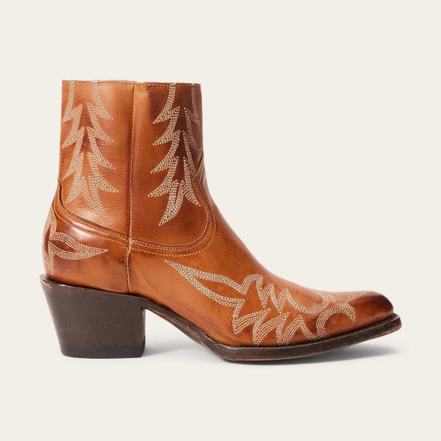 Women's Stetson Gianna Leather Boots Tobacco with flame design and stacked heel