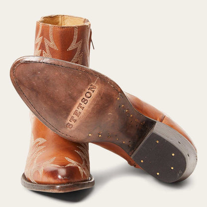 Women's Stetson Gianna leather boots handcrafted tobacco with flame design and stacked heel